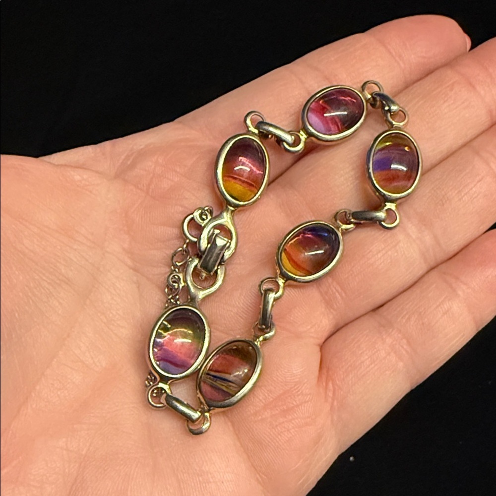 VTG 50s Sarah Coventry “Harmony” gold tone rainbow glass cabochon bracelet